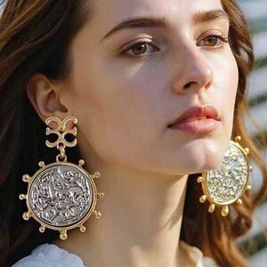 Two-Tone Gold G / Horse Dangle Earrings with Pearl Trim / STATEMENT EARRINGS
